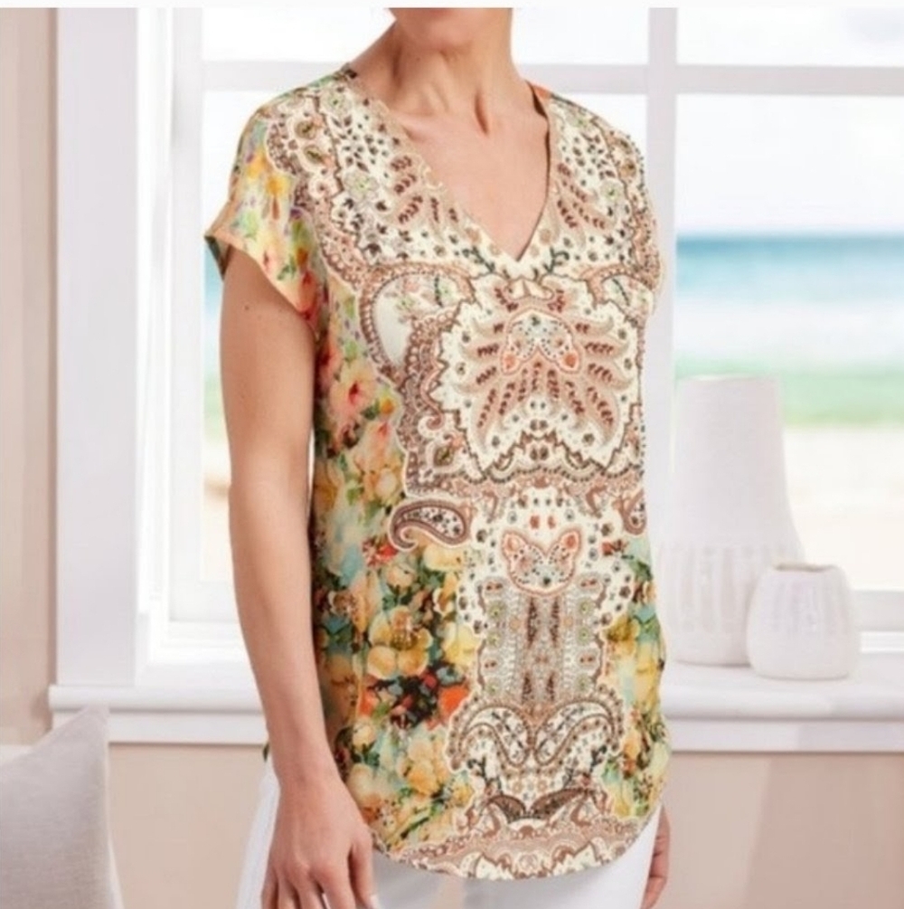 Soft Surroundings Patria Paisley Beaded Golden Floral Top Blouse Large